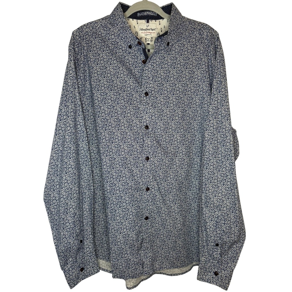 International Report Button Down Mens XXL Blue Floral Ditzy Print Long Sleeve